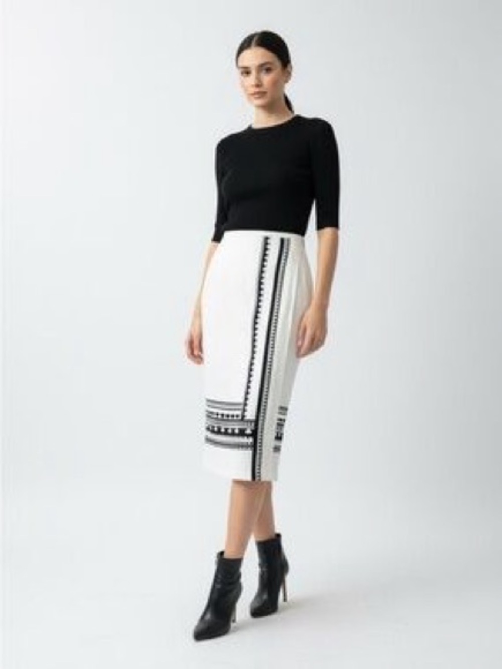 Ann Taylor White & Black Geo Print Linen Blend Midi Pencil Skirt